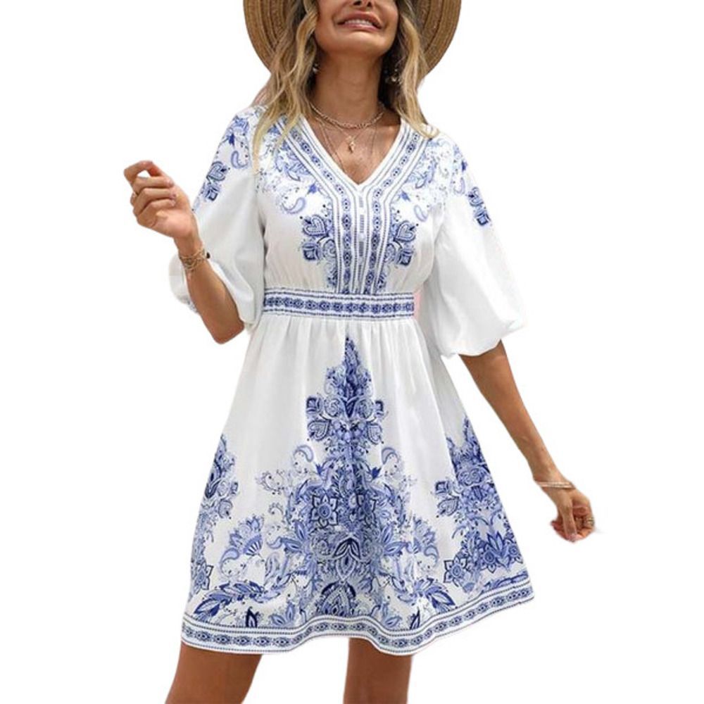Vrkufie Blue Floral V-Neck Dress Size L